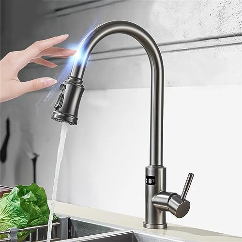 Berührungsloser Einhebel Küchenmischer mit ausziehbarer Brause Smart Sensor Tap digitale Temperaturanzeige(Gray) von POADGBCN