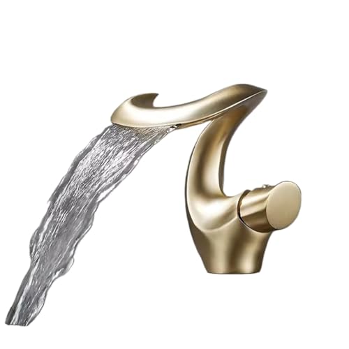 Einhebel Badezimmerarmatur mit Heiß Kaltwassermischer langlebiger Messing-Wasserhahn mit Wasserfall for moderne Küchenspüle(Brushed Gold) von POADGBCN