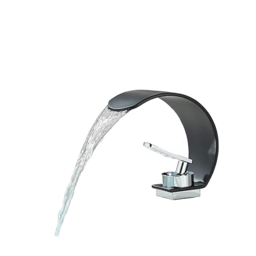 Einhebel-Wasserhahn mit Wasserfallauslauf und gebogenem Auslauf for Badezimmerwaschbecken Wasserhahn aus Messing mit Mischbatterie for heißes und kaltes Wasser(Matte Black) von POADGBCN