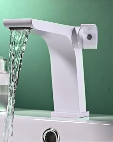Einloch Wasserfall Wasserhahn aus Messing mit einem Griff for Badezimmerwaschbecken Mischbatterie zur Beckenmontage mit heißem und kaltem Wasser(White) von POADGBCN