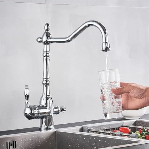 Gewerblicher Küchenspülenhahn for Bars und Bauernhäuser 360° drehbarer Mischbatteriehahn mit zwei Griffen und Filter mit zwei Wasserfunktionen(Silver) von POADGBCN