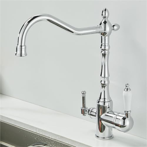 Gewerblicher Küchenspülenhahn for Bars und Bauernhäuser 360° drehbarer Mischbatteriehahn mit zwei Griffen und Filter mit zwei Wasserfunktionen(Silver-1) von POADGBCN