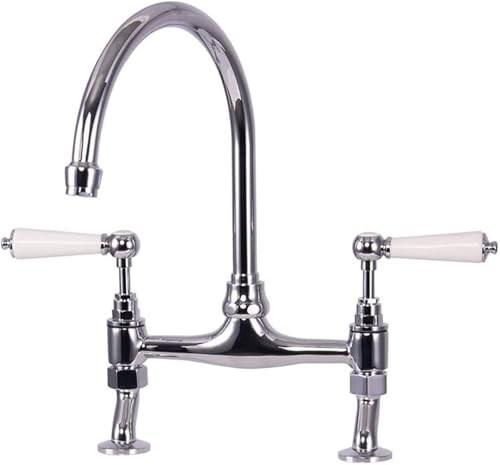 Hochwertiger Vintage Küchenhahn aus massivem Messing mit zwei Griffen und Mischbatterie for heißes und kaltes Wasser traditioneller eleganter Wasserhahn for die Spüle(Silver) von POADGBCN