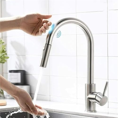 Intelligenter Küchenhahn aus Edelstahl mit ausziehbarer Sensor Touch Steuerung moderner wassersparender Küchenspülenhahn(Silver) von POADGBCN