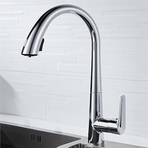 Küchenarmatur aus Messing mit ausziehbarer Brause 360° schwenkbar Doppelfunktionshahn Einlochmontage Einzelgriff for Spüle(Silver) von POADGBCN