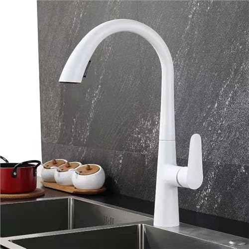 Küchenarmatur aus Messing mit ausziehbarer Brause 360° schwenkbar Doppelfunktionshahn Einlochmontage Einzelgriff for Spüle(White) von POADGBCN