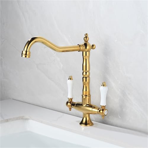 Küchenarmatur mit Doppelgriff 360 Grad schwenkbar antikes Messingdesign for Küchenspüle Auslaufreichweite Topffüller(Gold) von POADGBCN