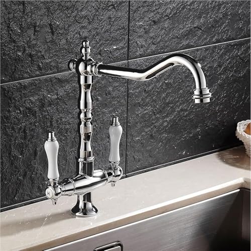 Küchenarmatur mit Doppelgriff 360 Grad schwenkbar antikes Messingdesign for Küchenspüle Auslaufreichweite Topffüller(Silver) von POADGBCN