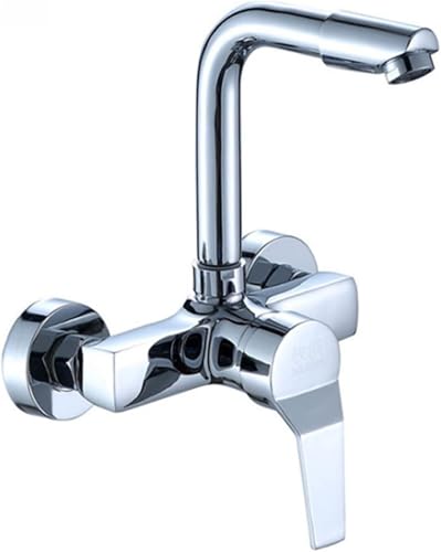 Küchenarmatur zur Wandmontage aus Messing mit schwenkbarem Auslauf Einhebelmischer for heißes und kaltes Wasser for die Spüle(Silver-1) von POADGBCN