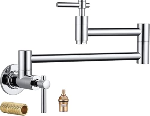 Küchenarmatur zur Wandmontage mit ausziehbarer Brause Industrieller Doppelgriff-Mischbatterie aus massivem Messing for Kalt und Warmwasser for die Spüle(Silver) von POADGBCN