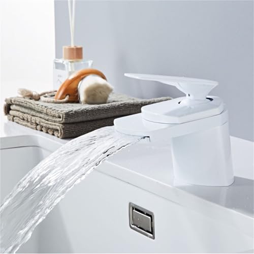 Langlebiger Messing Wasserfall Waschbeckenhahn mit Kalt und Warmwassermischer Einloch Einhebelmischer for Waschbecken(White) von POADGBCN