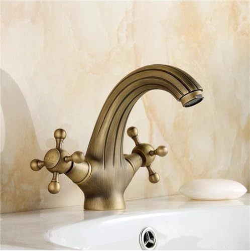 Langlebiger Waschbeckenhahn aus antikem Messing mit Doppelgriff und heißem kaltem Wasser for Waschtisch oder Gästetoilette(Bronze) von POADGBCN