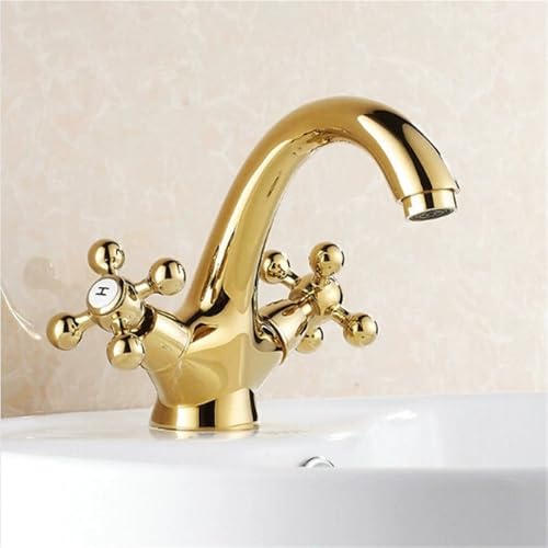 Langlebiger Waschbeckenhahn aus antikem Messing mit Doppelgriff und heißem kaltem Wasser for Waschtisch oder Gästetoilette(Gold) von POADGBCN