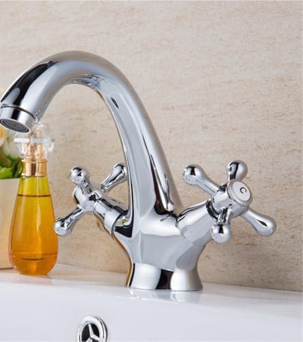 Langlebiger Waschbeckenhahn aus antikem Messing mit Doppelgriff und heißem kaltem Wasser for Waschtisch oder Gästetoilette(Silver) von POADGBCN