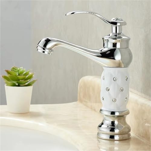 Luxuriöser Badezimmer Waschtischhahn Einhebelmischer aus Messing mit Diamant Kristallakzenten heißes und kaltes Wasser for moderne Waschtische(White silver,Short) von POADGBCN