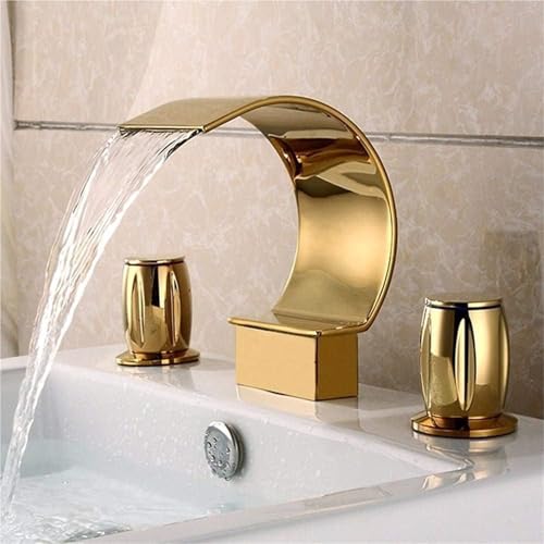Moderner 3 Loch Badezimmerhahn aus Messing mit Wasserfallauslauf 2 Hebel Heiz Kalt Mischbatterie for Waschbecken Küchenspüle(Gold) von POADGBCN