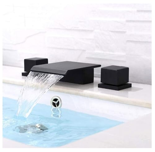 Moderner 3 Loch Doppel Quadratgriff weit verbreiteter Luxus Badezimmerhahn Wasserfall Waschtischarmatur for Waschtisch(Black) von POADGBCN