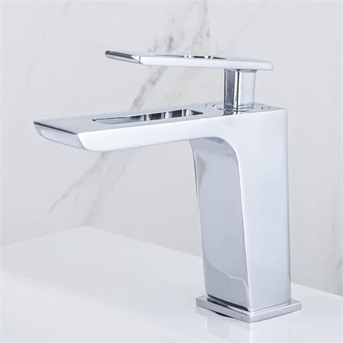 Moderner Badezimmer Wasserhahn aus Messing mit Wasserfallauslauf und Einzelgriff Mischbatterie for heißes und kaltes Wasser for Waschtisch(Silver) von POADGBCN