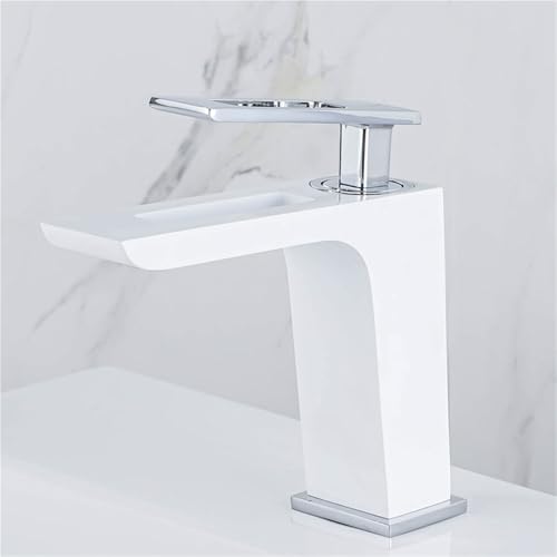Moderner Badezimmer Wasserhahn aus Messing mit Wasserfallauslauf und Einzelgriff Mischbatterie for heißes und kaltes Wasser for Waschtisch(White silver) von POADGBCN