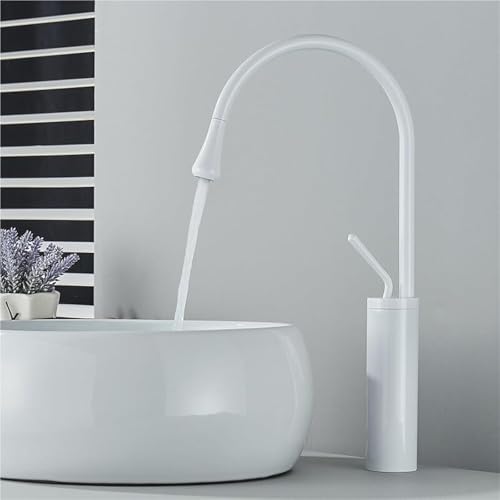 Moderner Badezimmer Wasserhahn zur Deckmontage mit 360°Drehung Einhebel Waschtisch Mischbatterie for heißes und kaltes Wasser mit Messingkonstruktion(White Tall) von POADGBCN