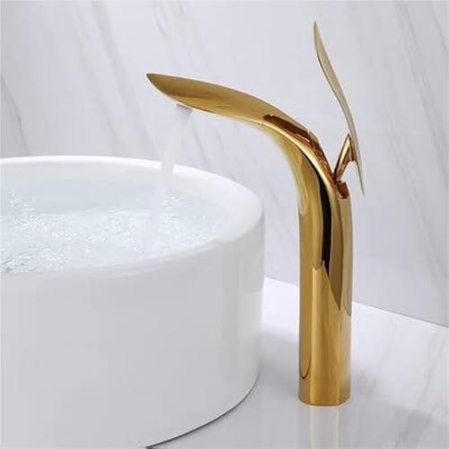 Moderner Blatt Waschtischhahn aus Messing Einhebel Waschtischarmatur mit Heiß und Kaltwassermischer for den Waschtisch(Gold Tall) von POADGBCN