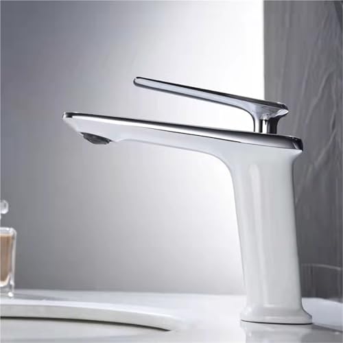 Moderner Einhebel Badezimmerhahn aus Messing mit Kalt und Warmwassermischer(White-silver Short) von POADGBCN