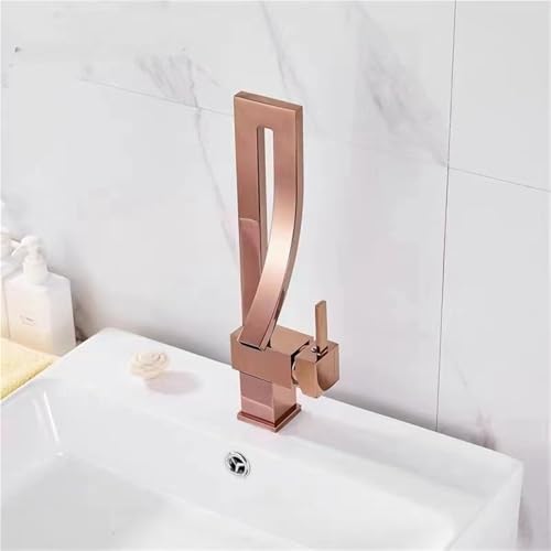 Moderner Einhebel Badezimmerhahn mit Einlochmontage und 360° schwenkbarem Auslauf Wasserfall Mischbatterie aus Messing for Aufsatzwaschbecken(Rose gold) von POADGBCN