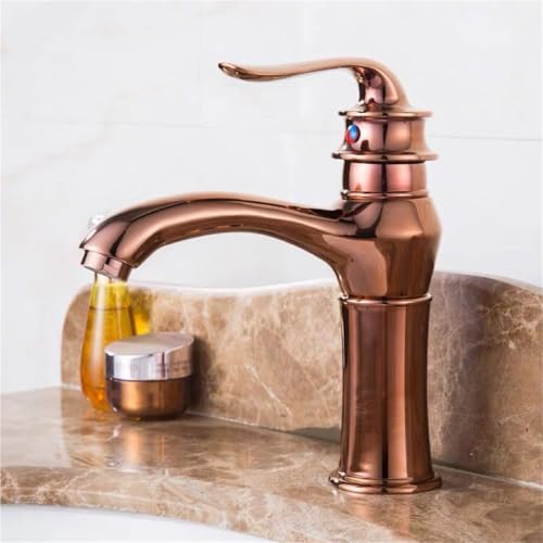 Moderner Einhebel Waschtischhahn aus Messing langlebiger Mischbatterie for kaltes und heißes Wasser for Küchenspüle und Badezimmer(Rose gold,Short) von POADGBCN