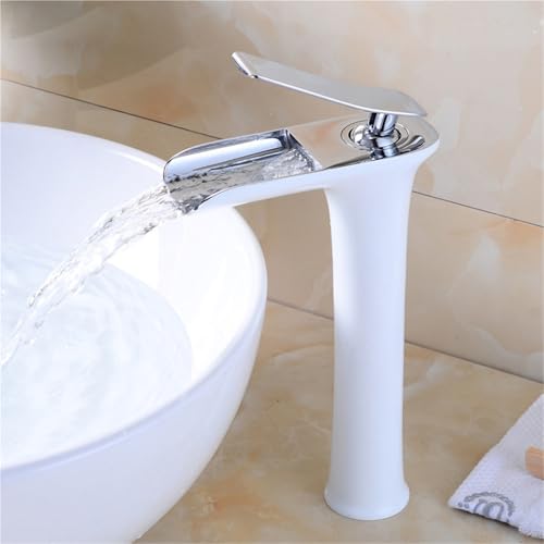 Moderner Einloch Badezimmerhahn aus langlebigem Messing mit Wasserfallauslauf Einhebel Waschtischarmatur for Waschtisch(White silver,Tall) von POADGBCN