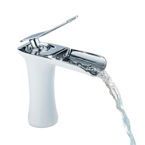 Moderner Einloch Einhand Wasserhahn aus langlebigem Messing mit Wasserfall Waschbecken Mischbatterie for heißes und kaltes Wasser for das Waschbecken im Badezimmer(Short White Chrome) von POADGBCN