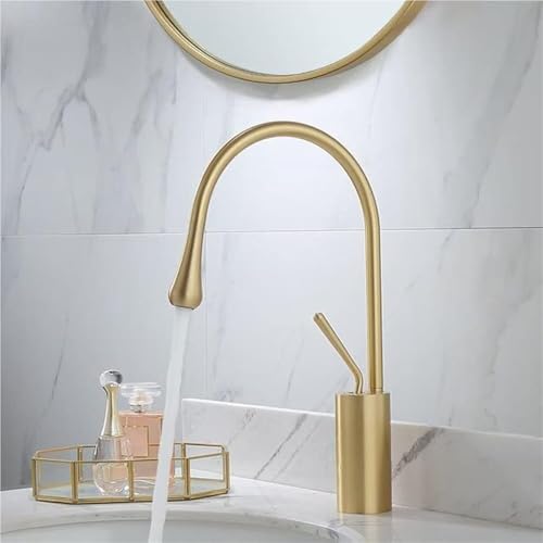 Moderner Luxus Waschbeckenhahn fürs Badezimmer Einhebelmischer mit hohem Bogen heiß und kalt, schwenkbar for die Installation auf der Waschtischplatte(Gold,37cm) von POADGBCN