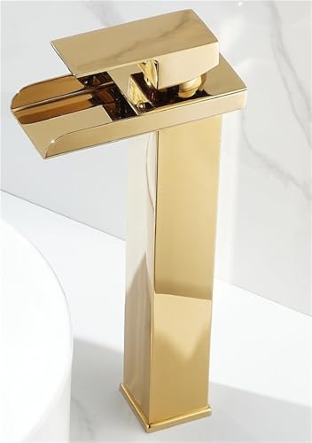 Moderner an Deck montierter Wasserfall Waschtischhahn mit einem Griff aus Edelstahl for heißes und kaltes Wasser(Gold,High) von POADGBCN