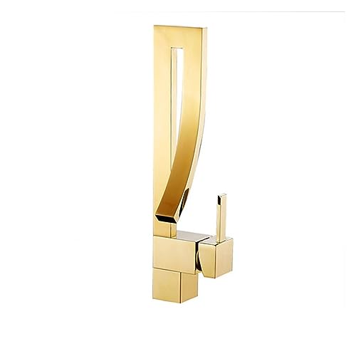 Moderner langlebiger Badezimmer Waschtischhahn mit Heiß und Kaltwassermischer Einhebel Deckmontage Messing Wasserfallhahn for Waschtisch(Gold) von POADGBCN