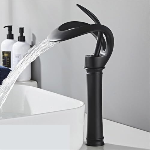 Moderner langlebiger Einhebel Waschtischhahn mit Wasserfallauslauf Mischbatterie for heißes und kaltes Wasser for das Waschbecken(Black,Tall) von POADGBCN
