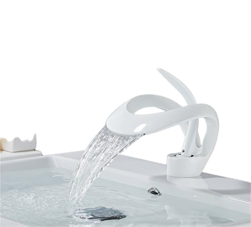 Moderner langlebiger Einhebel Waschtischhahn mit Wasserfallauslauf Mischbatterie for heißes und kaltes Wasser for das Waschbecken(White,Short) von POADGBCN