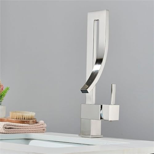 Modischer Waschbeckenhahn aus Messing mit Wasserfallauslauf Einhebelmischer for heiße und kalte Bäder(Burshed Nickel) von POADGBCN