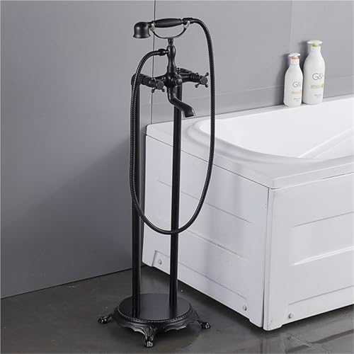 POADGBCN Badewannenarmatur Set mit Zwei Keramikgriffen und Handbrause bodenmontierter Waschbeckenhahn for freistehende Badezimmer(Black) von POADGBCN