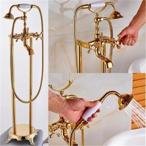 POADGBCN Badewannenarmatur Set mit Zwei Keramikgriffen und Handbrause bodenmontierter Waschbeckenhahn for freistehende Badezimmer(Gold) von POADGBCN