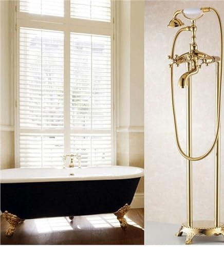 POADGBCN Badewannenarmatur Set mit Zwei Keramikgriffen und Handbrause bodenmontierter Waschbeckenhahn for freistehende Badezimmer(Gold-2) von POADGBCN