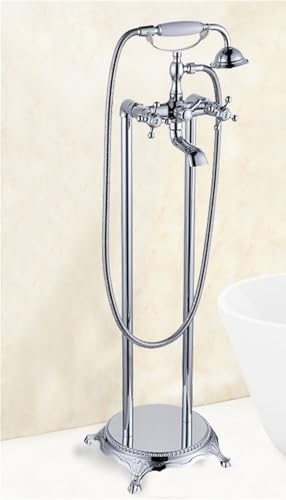 POADGBCN Badewannenarmatur Set mit Zwei Keramikgriffen und Handbrause bodenmontierter Waschbeckenhahn for freistehende Badezimmer(Silver-1) von POADGBCN
