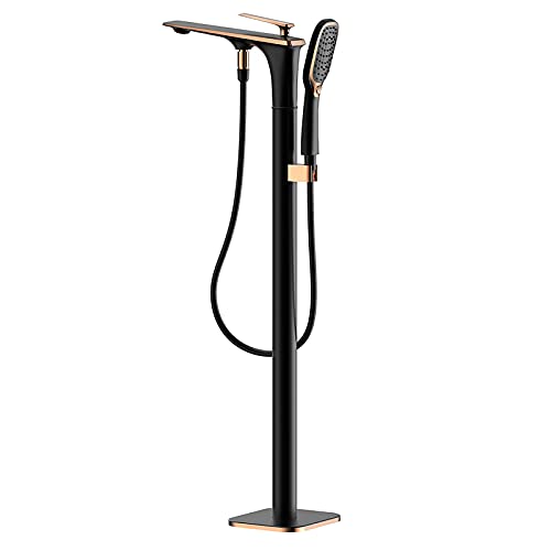 POADGBCN Freistehender Badewannenhahn aus Messing mit Einhebelmischer bodenmontierter Wannenhahn mit Handbrause und Brauseschlauch for Badezimmer(Black Rose Gold) von POADGBCN