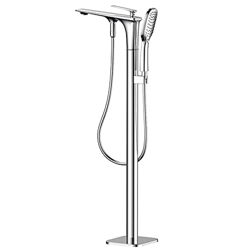 POADGBCN Freistehender Badewannenhahn aus Messing mit Einhebelmischer bodenmontierter Wannenhahn mit Handbrause und Brauseschlauch for Badezimmer(Silver) von POADGBCN