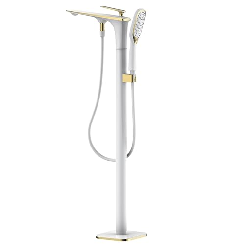 POADGBCN Freistehender Badewannenhahn aus Messing mit Einhebelmischer bodenmontierter Wannenhahn mit Handbrause und Brauseschlauch for Badezimmer(White Gold) von POADGBCN