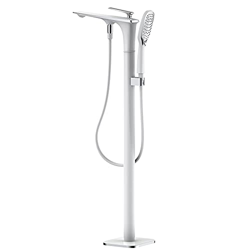 POADGBCN Freistehender Badewannenhahn aus Messing zur Bodenmontage mit Einzelgriff und Handbrause 59 Zoll Duschschlauch for Badezimmer(White Chrome) von POADGBCN