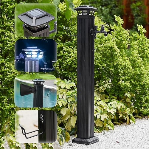 Robuster freistehender Wasserhahn mit LED Nachtlicht solarbetriebene frostfreie Wassersäule for den Außenbereich for den ganzjährigen Gebrauch(Black With Dual Faucet,110cm) von POADGBCN