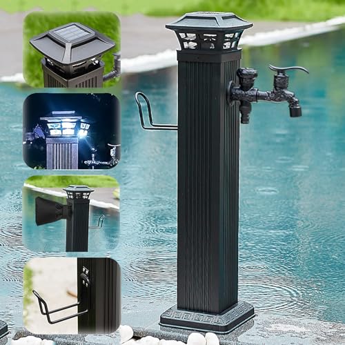 Robuster freistehender Wasserhahn mit LED Nachtlicht solarbetriebene frostfreie Wassersäule for den Außenbereich for den ganzjährigen Gebrauch(Black With Dual Faucet,65.5cm) von POADGBCN