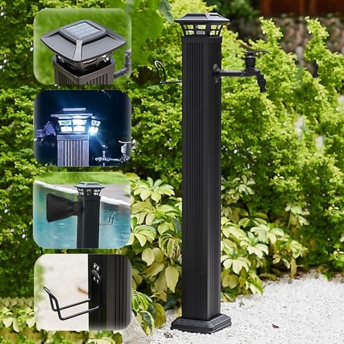 Robuster freistehender Wasserhahn mit LED Nachtlicht solarbetriebene frostfreie Wassersäule for den Außenbereich for den ganzjährigen Gebrauch(Black With Long Faucet,110cm) von POADGBCN