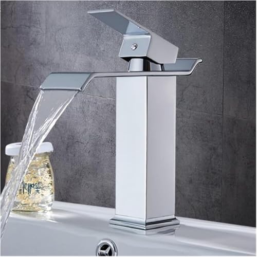 Robuster quadratischer Küchen und Badezimmerhahn aus Messing moderner Einhebel-Wasserhahn mit Wasserfall und Mischbatterie for heißes und kaltes Wasser(Chrome) von POADGBCN