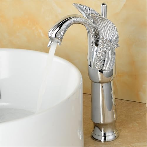 Schwanenförmiger Badezimmer Waschtischhahn Einhebelmischer for Warm und Kaltwasser Einloch Arbeitsplatteninstallation(Silver,Tall) von POADGBCN