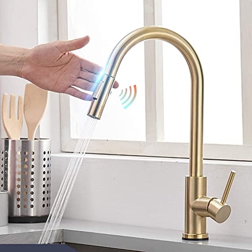 Smart Sensor Küchenarmatur mit Touch Steuerung Einhebel Spültischarmatur mit Induktion Dual Flow Modi mit Pull Down Sprüher(Brushed Gold) von POADGBCN